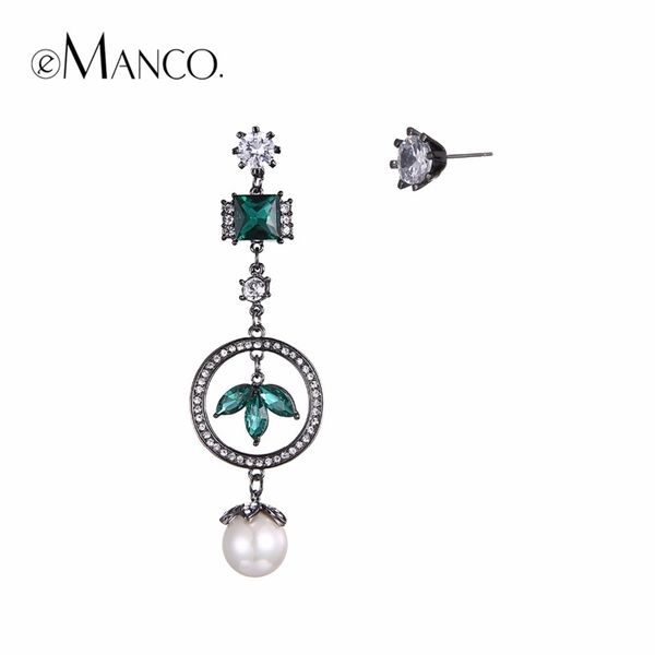 

emanco trendy asymmetry green crystal earrings for women dangle drop hanging earrings with simulated-pearls jewelry y200323, Golden