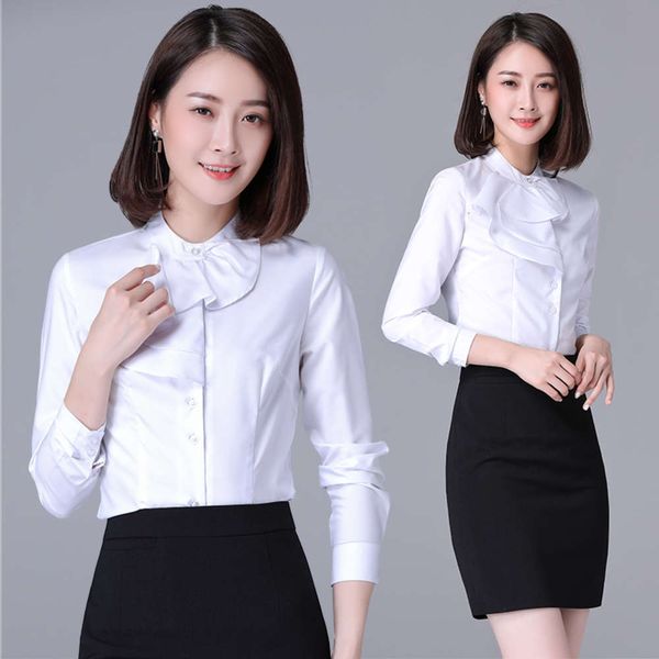 

white round neck ruffle versatile in workplace, sweet age reducing female personality shirt, french elegant and gentle top