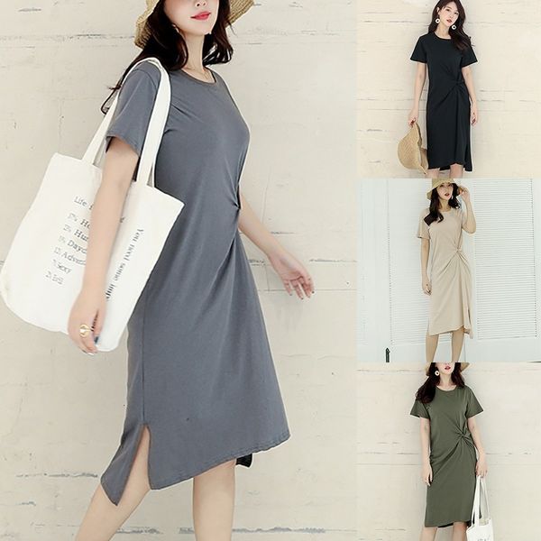 

fashion simple solid color women's slim plus size short sleeve round neck split casual es, Black;gray