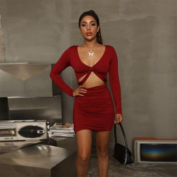 

casual dresses 2021 long sleeve women dress fashion ruched hollow out v neck mini black party nightclub bodycon vestidos, Black;gray