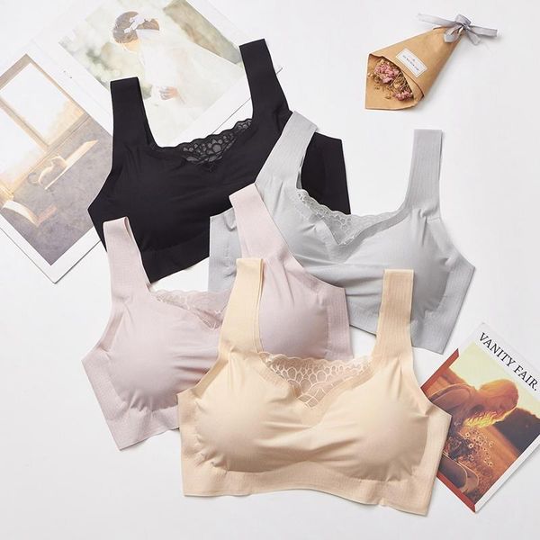 

ice silk seamless tube lace beauty back wrapped chest lace stitching wide shoulder strap stretch sports bra1, Red;black