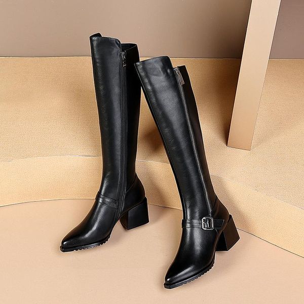 

boots plus size 42 women's genuine leather thick high heel winter knee double zip ankle buckle pointed toe long shoes, Black