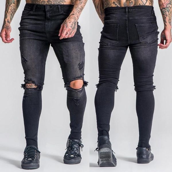 

men's jeans jean men striped zipper denim hole vintage wash hip hop work trousers pants skinny biker slim fit, Blue