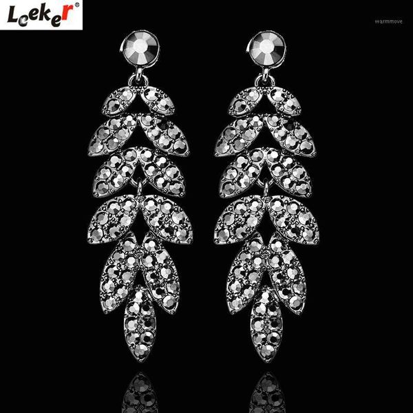 

leeker black silver color crystal luxury olive leaf long earrings for women wedding party vintage jewelry 173 lk91