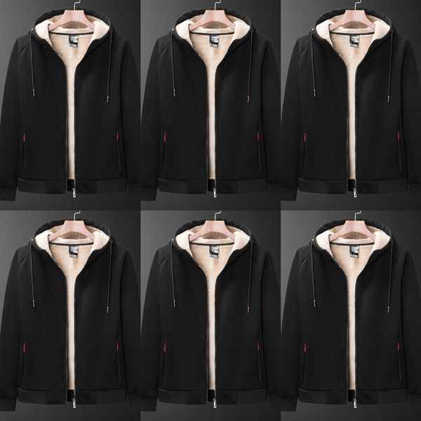 

father plush men's suit lamb cashmere winter hooded thickened sportswear 2-piece set for middle-aged and sportswear sweater sweater eld, Black