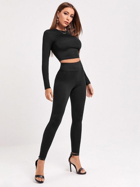 

solid crop tee & leggings set c61v#, White