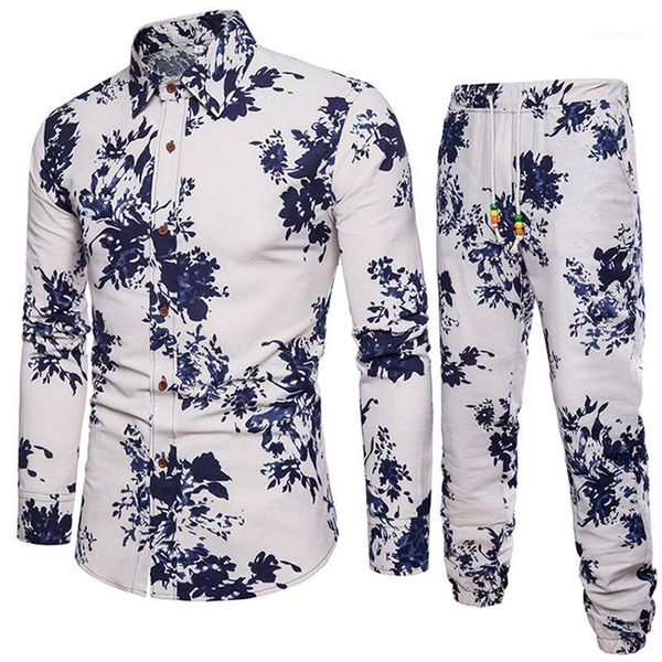 

tracksuits autumn print fashion casual long pants set plus size male clothing linen blend mens designer, Gray