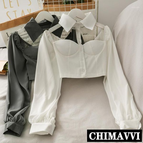 

new collar halter off-shoulder shirt cropped women's short blouse solid color lady's long-sleeved shirts1, White