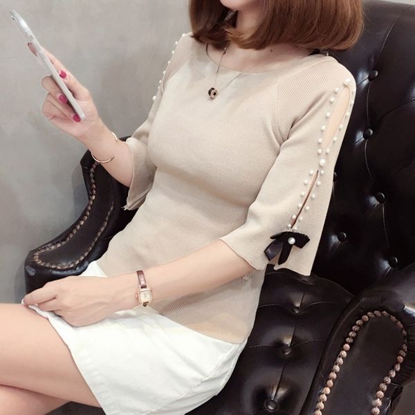 

argor korean base and autumn 2020 style sweet fashion knitwear beaded sweater new round neck knitwear bow hollowshoulder beaded women's, White;black