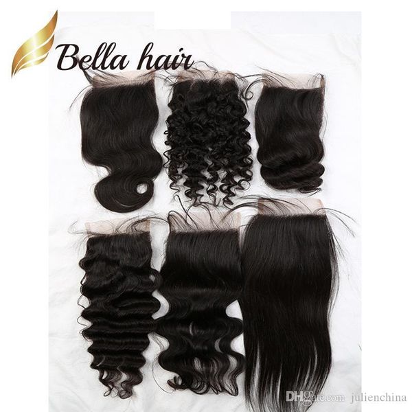 

bella hair retail sample 8a human hair closure 4*4 straight body wave loose deep curly water wave natural wave 8-26inch lace closures, Black;brown