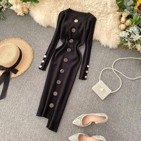 

casual chic women knitted long dress slim irregular big buttons decorated elastic knitted cotton dress1, Black;gray