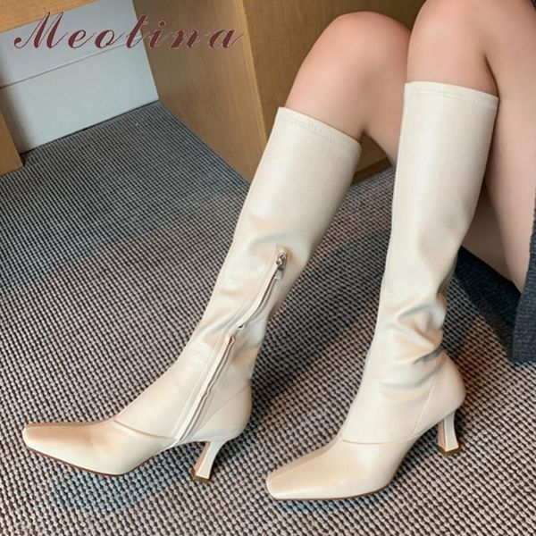 

meotina pleated real leather high heel long boots women shoes square toe stiletto heels zipper knee high boots autumn winter 40, Black