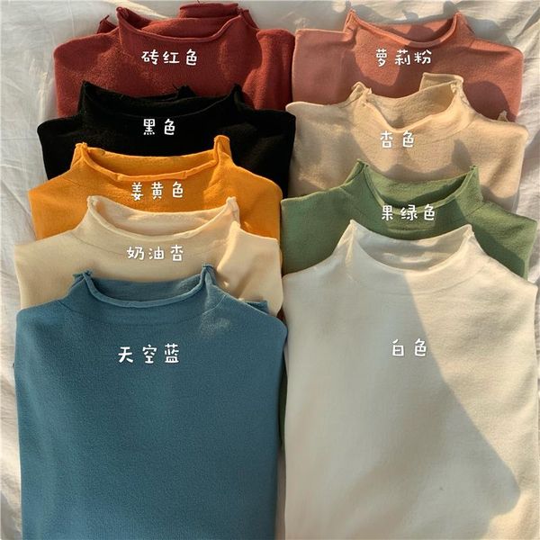 

spring autumn women half turtleneck slim cut big elastic basic sweater curl design knitted pullovers inner wear jumpers top, White;black