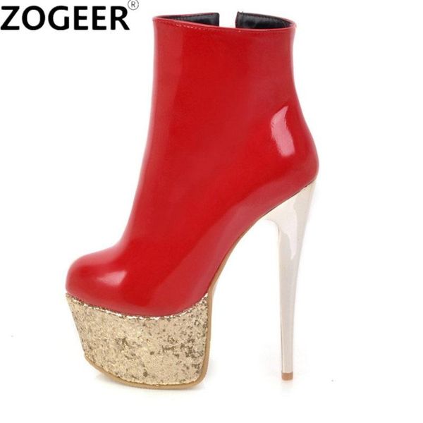 

boots ankle women platform pu leather fashion extreme 16cm high heels ladies nightclub party shoes large size, Black