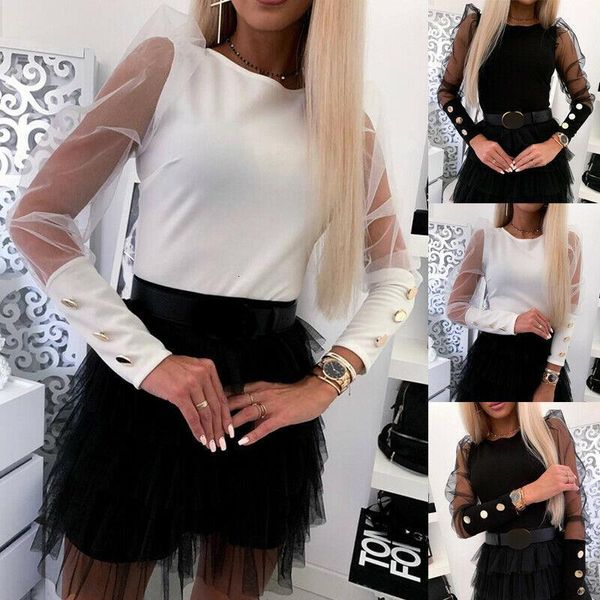 

new 2020 women turtle neck mesh puff long sheer sleeve sweater pullover blouse shirts drop shipping, Black;gray