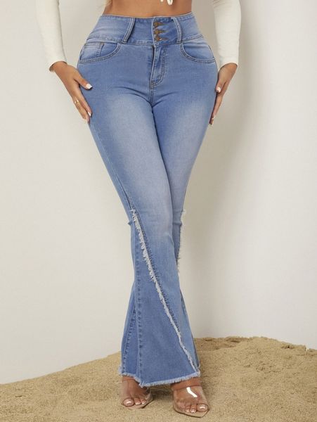 

sxy high waist ripped raw hem flare leg jeans 75nj#, Blue