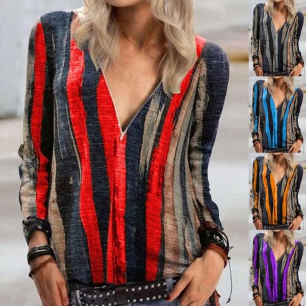 

2020 tie dye stripe printed long sleeve t-shirt v-neck zipper women's wear, White