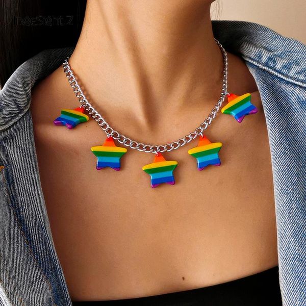 

chains bohemian rainbow acrylic acetic acid star pentagram tassel choker necklace statement multiple pendant for women jewelry, Silver