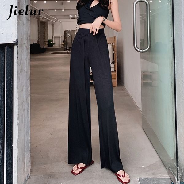 

jielur high waist pleated pants female s-xxl thin simple loose straight women trousers black navy blue wide leg long pants 201119, Black;white