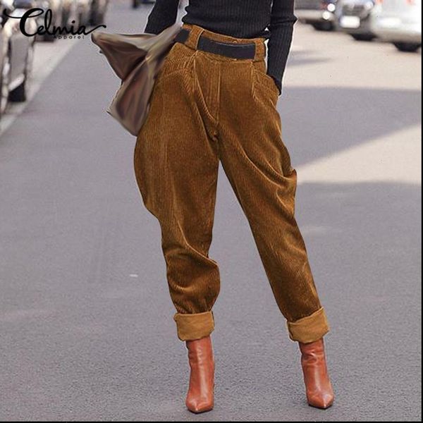 

fashion women high waist corduroy pants 2020 vintage elastic waist harem trousers casual loose solid harajuku bottom, Black;white