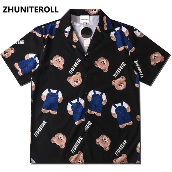 

men's casual shirts 2021 summer hip hop cartoon bear print hawaiian men hipster fashion short sleeve button down shirt streetwear, White;black