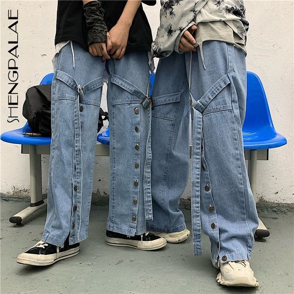 

shengpalae new summer casual jeans woman long trousers cowboy female loose streetwear high street button bandage za4468 201029, Blue
