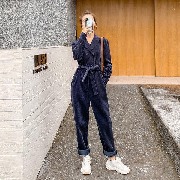 

corduroy jumpsuits women long sleeve loose double breasted sashe one piece straight pants female elegant korean overalls rompers1, Black;white