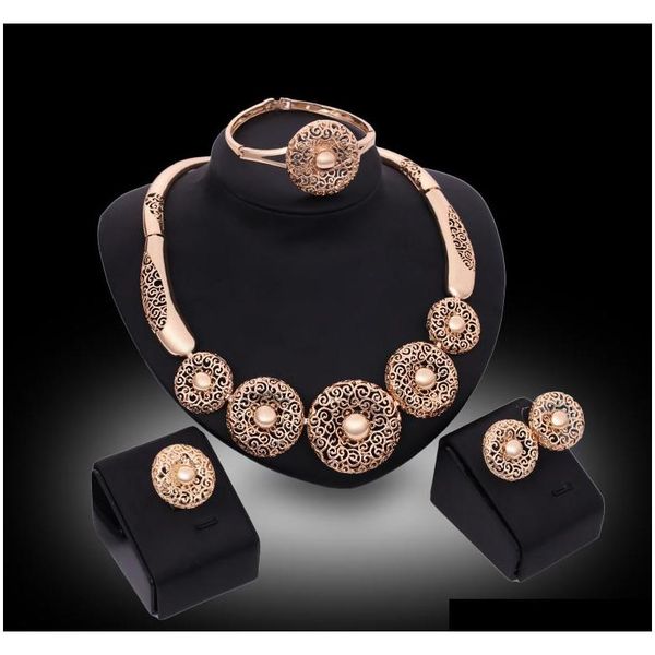 

necklaces earrings bangles rings jewelry sets fashion women luxury 18k gold plated hollow out circles party jewelry 4-piece set js157 govfe, Slivery;golden