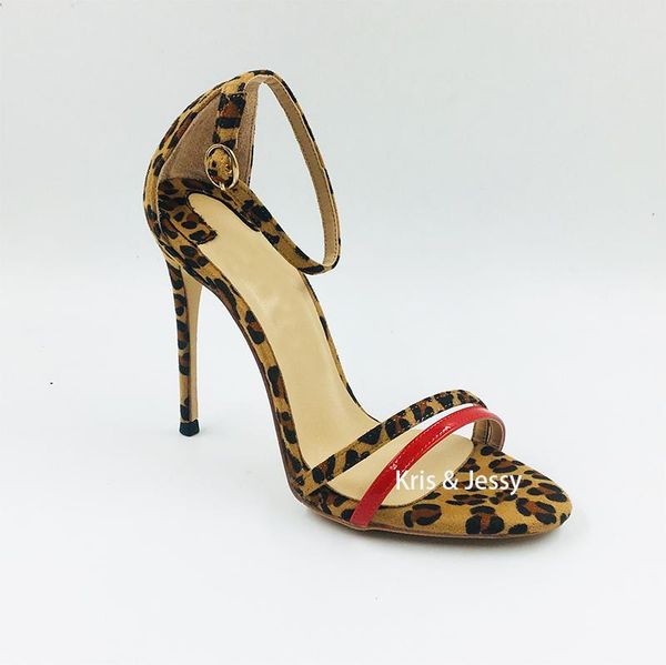 

sandals customized big size 34-45 leopard suede red patent ankle strap elegant thin high heels women shoes, Black