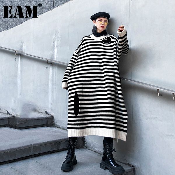 

[eam] women big size striped long knitting dress new round neck long sleeve loose fit fashion tide autumn winter 1db537 201125, Black;gray