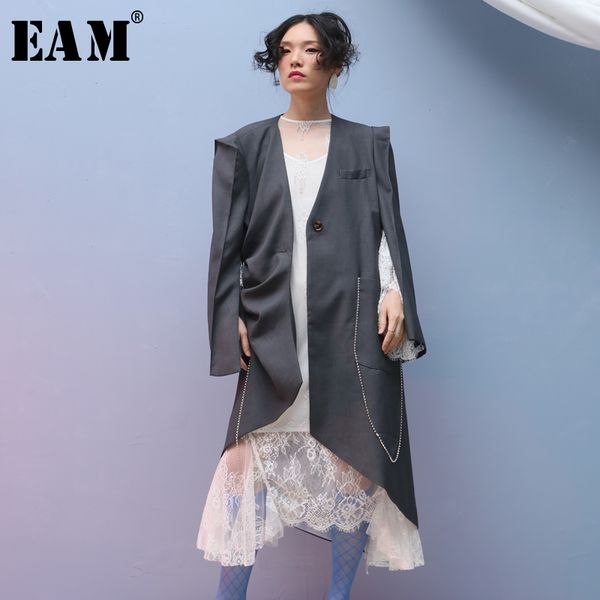 

eam] women gray asymmetrical pleated trench new v-collar long sleeve loose fit windbreaker fashion spring autumn 2020 jq3730 1031, Tan;black