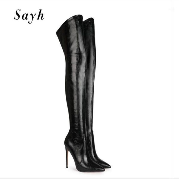

boots winter woman high heel boot over knee pointy toe thigh women's stretch real leather shoes big size1, Black