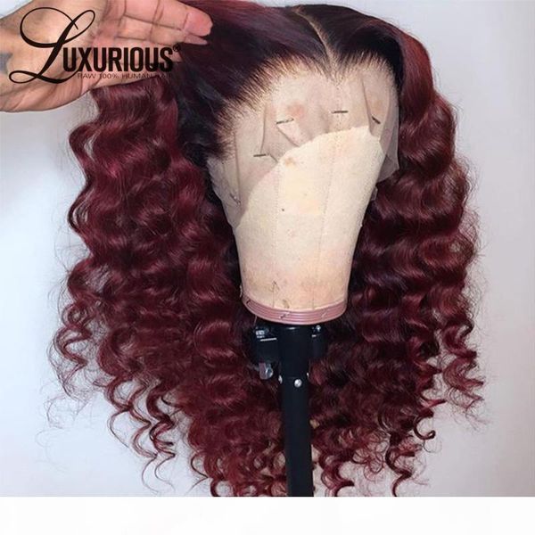 

150 плотности парик deep wave black root 99j burgundy цветного фронт шнурок человеческих волосы парики бразильского remy ombre человеческих, Black;brown