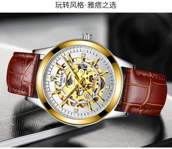 

jewelry brand men's business luxury clock hollow-out automatic mechanical watch night light waterproof leisure watches, Slivery;brown