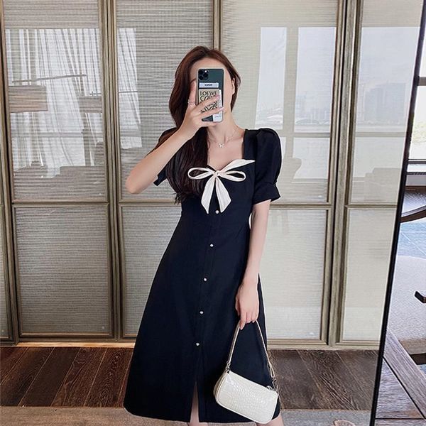 

lace up bow chiffon dress for women 2020 summer new style waist closingshowing thin temperamenthepburn style small black lace butterflybutte, Black;gray
