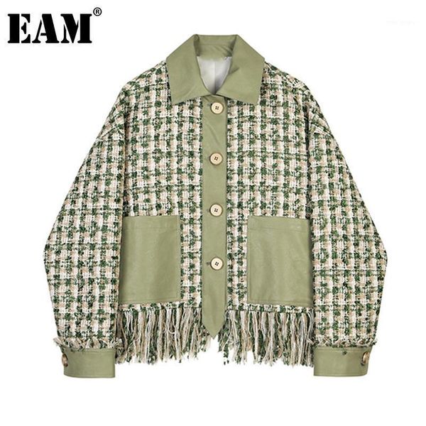 

eam] loose fit green plaid tassels pu leather jacket new lapel long sleeve women coat fashion tide spring autumn 2020 1z2391, Black;brown