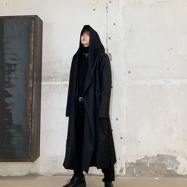 

men japan streetwear hooded trench coat male women punk gothic cloak cardigan jacket outerwear halloween stage clothing1, Tan;black