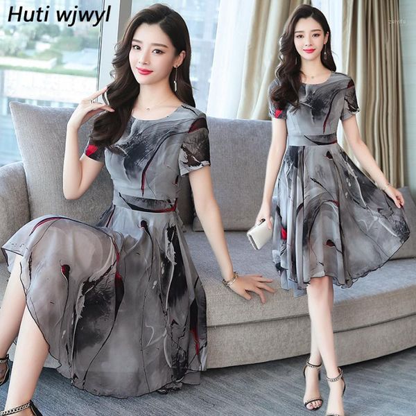 

2019 korean vintage boho dresses summer plus size print chiffon sundress elegant women beach midi bodycon short sleeve vestidos1, Black;gray
