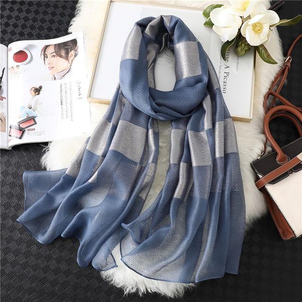 

2020 new women scarf fashion plaid silk shawls wraps for lady pashmina hijabs female stoles foulard bandana summer sunscreen wmtoac, Blue;gray