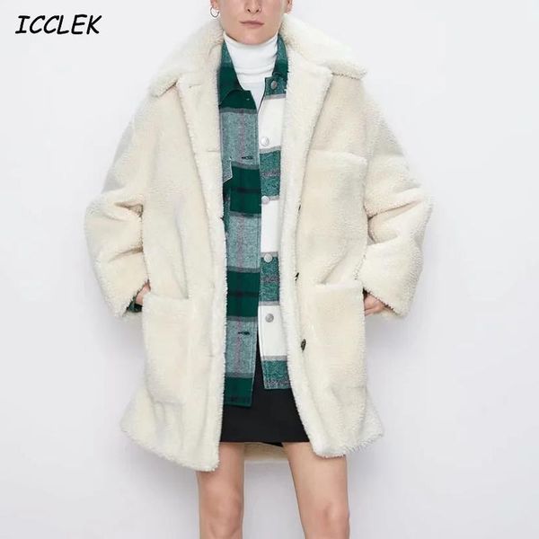 

women's coats fleece woolen coat winter long sleeve warm long jacket loose casual outerwear solid 2021 female chic overcoat1, Black