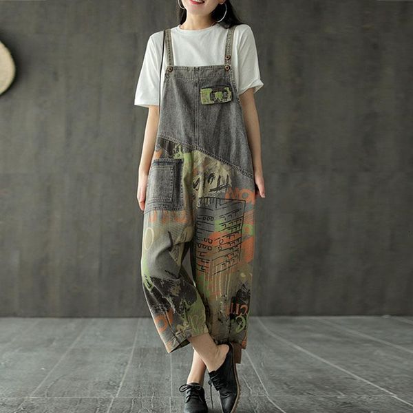 

fashion retro hole print patchwork pockets denim jumpsuits 2020 summer new loose leisure all-match women jumpsuits, Black;white