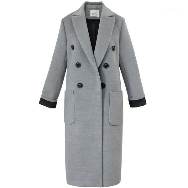 

women's wool & blends gray double breasted woolen coat women auutmn winter fashion loose straight coat1, Black