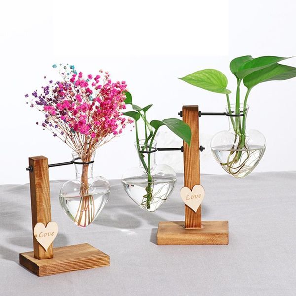 

heart design crystal glass test tube vase in wooden stand flower pots for hydroponic plants home garden decoration1