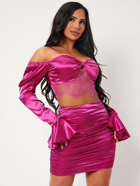 

sxy contrast lace bell sleeve satin & skirt set i0cc#, White