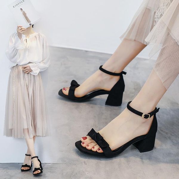 

new summer ladies high heel sandals women leather roman sandals 5 cm thick heel bow mid-heel plus size women's shoes, Black