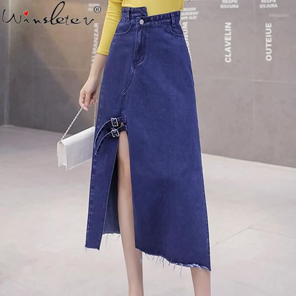 

new irregular denim women solid color buttoned a-line midi skirt female summer high waist splits stretchy skirts t04316b1, Black