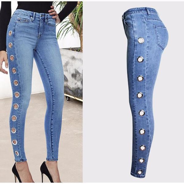 Calças de brim das mulheres Primavera Mulheres Cintura Alta Calças Plus Size Vintage Denim Calças Skinny Blocheded Algodão Lápis Side Oco