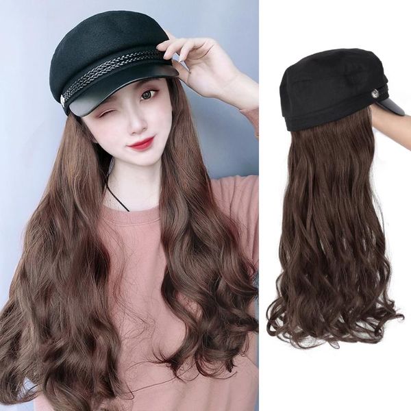 

xg adjustable long synthetic wavy extensions with navy cap wig hat one wig for white women navy cap hat, Blue;gray