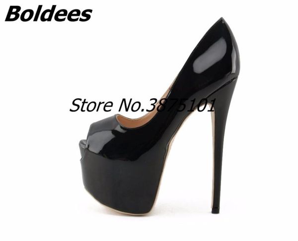 

boldees nude patent leather women high heels pumps 16cm peep-toe super stiletto heel slip-on platform shoes big real sps, Black