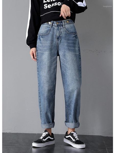 

vintage summer 2021 ladies high waist boyfriend jeans woman blue button korean streetwear denim harem pants mom jeans1